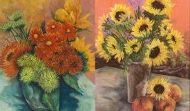 Paintings of sunflowers in a vase and peaches. Painting of orange, yellow, and green flowers, in a vase.